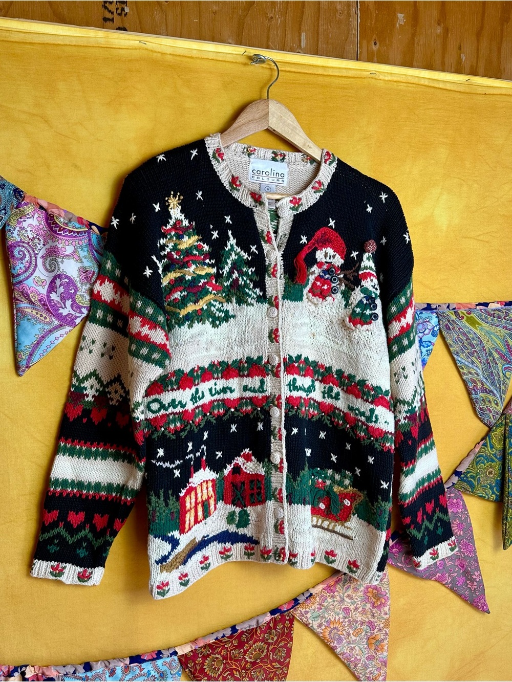 Vintage Carolina Christmas Fair Isle Cardigan Sweater - Black, Red, Green